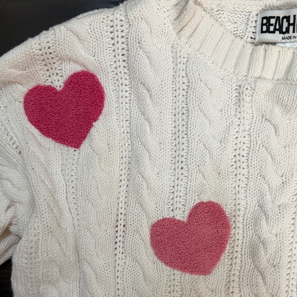 Beach Riot Sweater white with Pink Heart Accents cable knit crewneck - Picture 3 of 10